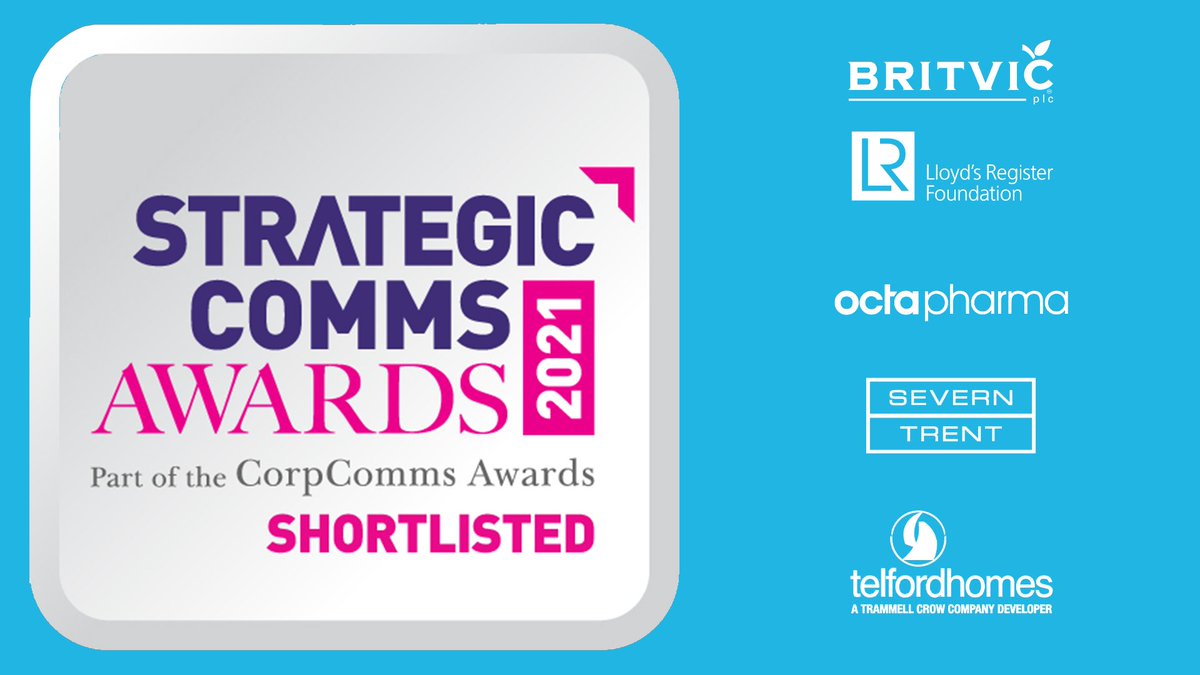 Congratulations to our clients @Britvic, <a href="/LR_Foundation/">Lloyd's Register Foundation</a>, <a href="/OctapharmaGroup/">Octapharma</a>, <a href="/stwater/">Severn Trent</a> and <a href="/TelfordHomes/">Telford Homes</a> for their nominations in the <a href="/CorpCommsMag/">CorpComms Magazine</a> #StrategicCommsAwards! Take a look at the full shortlist at bit.ly/2Zag1eU

#AnnualReports #ESG #CorporateCommunications
