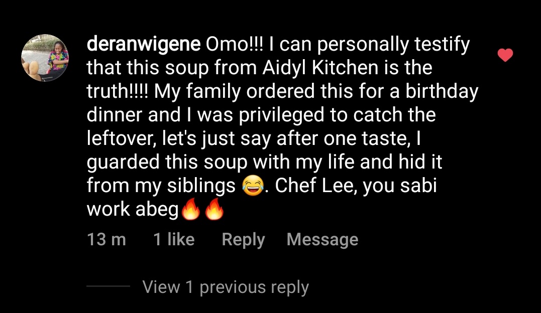 AidylKitchen's tweet photo. Edikang Ikong (Vegetable Soup)
With this kind of feedback, need I say more?
#aidylkitchen https://t.co/Fi8wycN8Mz