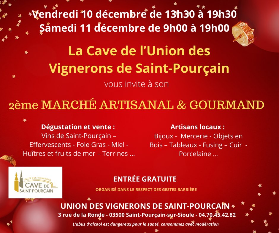 La cave de Saint Pourçain organise sa deuxième édition du marché artisanal & gourmand le 10 et 11 décembre 2021. Réservez votre date pour venir rencontrer des artisans locaux.