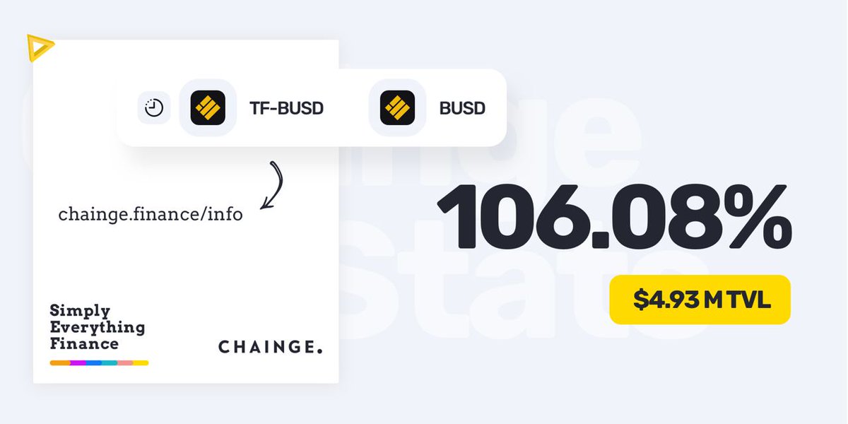 💥 Pool of the day: TF-BUSD/BUSD

💸 If you have some $BUSD, time frame half of 'em, pair them up &amp; get those $CHNG rewards

😎 With NO impermanent loss

💰 Provide liquidity and make money while you sleep!

#LiquidityMining #DeFi #liquiditypools #Crypto 
<a href="/FilDAFinance/">FilDA</a>