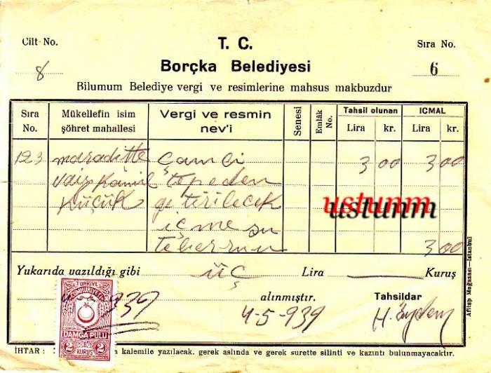 1939 yılından belediyemizce kesilmiş bir makbuz...