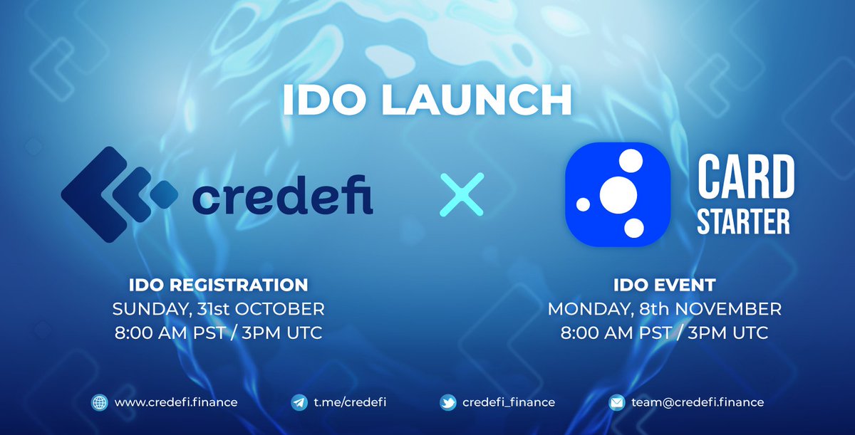 🔔And the day has arrived that all #Credefians were waiting for!

🎉We are thrilled to announce our #IDO on @CardStarter platform🚀

📝Registration begins on 31st October, 3PM UTC &amp; ends on 3rd November, 3PM UTC

🌐For more details click here👇
cardstarter.medium.com/cardstarter-ho…

#Definews