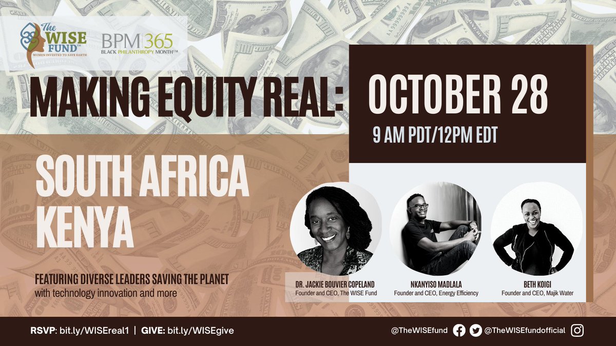 theWISEfund's tweet image. #FundingEquity season continues!

Join us for our Making Equity Real Series to meet WISE Leaders Nkanyiso Madlala of Energy Efficiency in South Africa and Beth Koigi of Majik Water in Kenya. 

RSVP here bit.ly/WISEreal1

Give and invest at bit.ly/WISEgive