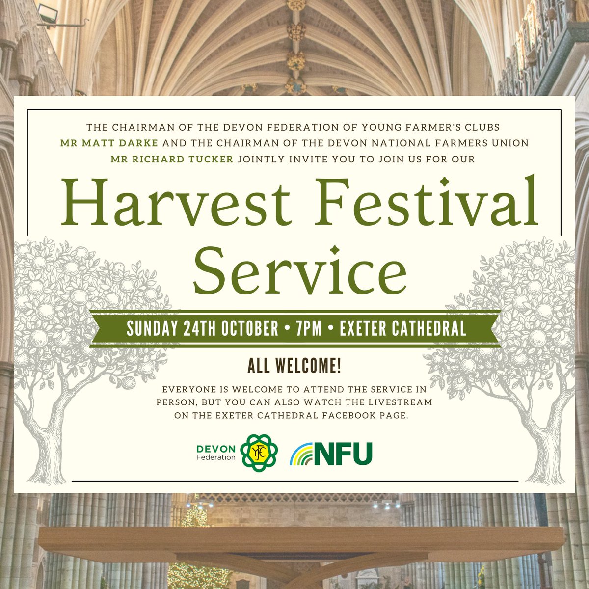 DevonYFC's tweet photo. Our Harvest Festival Service is this Sunday 24th October at Exeter Cathedral! πΎ
Donβt forget, if you canβt make the service on Sunday, we will also be sharing the livestream over on our Facebook page! #TrueYFC https://t.co/YmmvnHUuyt