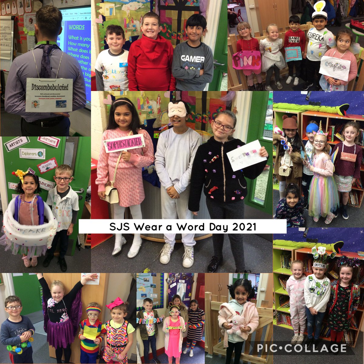 SJSNelson's tweet photo. We had our 'Wear a Word' day this week! Well done to everyone for taking part and sharing some wonderful vocabulary! #WeLoveWords @lancsliteracy https://t.co/UaMdimRLLu