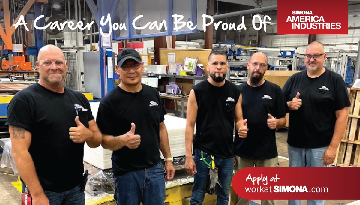simonaamerica's tweet photo. Take pride in your work with a career at SIMONA AMERICA Industries!
On-the-job training
Opportunities to advance
Create products that matter
View our open positions and apply today at https://t.co/WM5fTNwwbg.
#pacareers #pajobs #archbald #scranton #manufacturingjobs https://t.co/W2Lqi84RMz