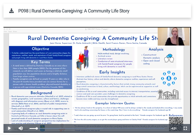 How does the social history of rural communities shape the experiences, realities, needs &amp; aspirations of family/friend caregivers of people living with dementia?  @BascHealth Hons student Jami Horne shares her research today at Canadian Association on Gerontology #CAG_2021