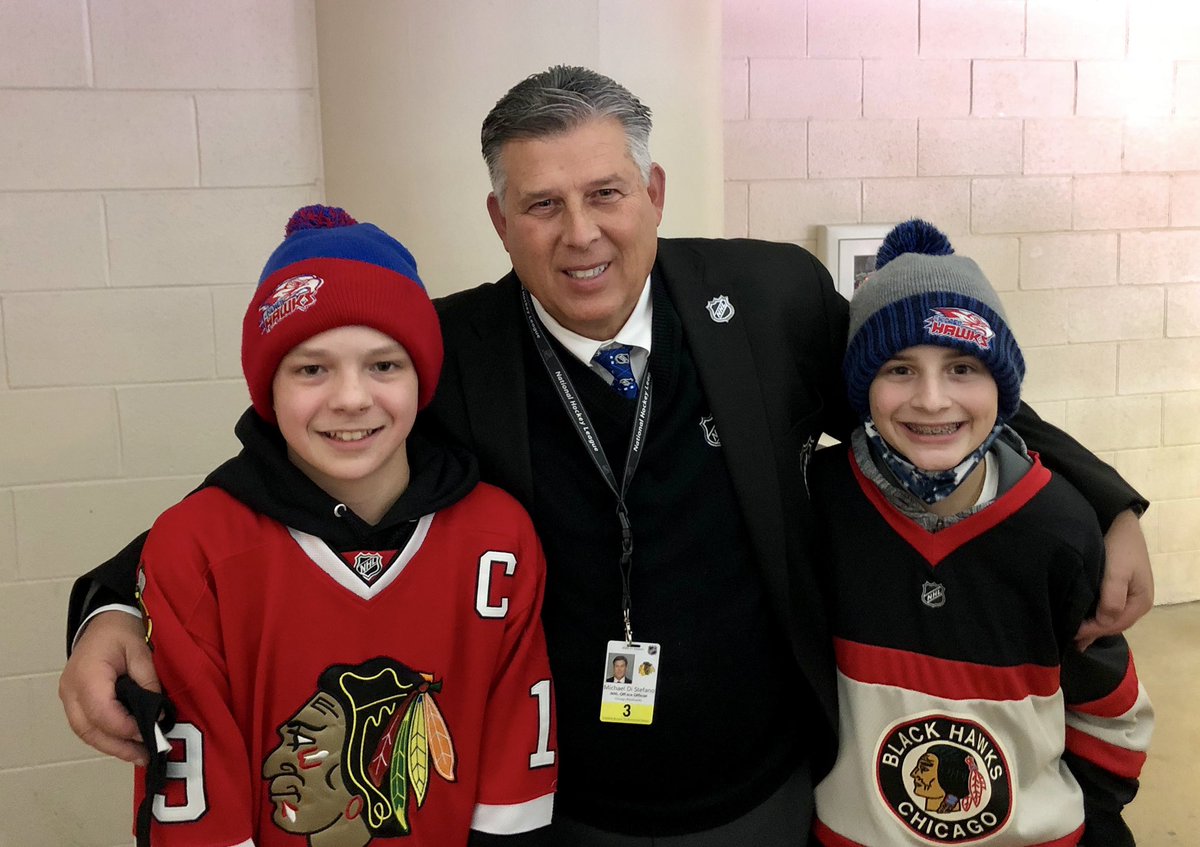 hawkshockeyclub's tweet photo. Peewee Prospects Greg and Dominic make a visit to coach Mike at the Hawks Game. #HawksHavingFun https://t.co/oUDRisWJm2