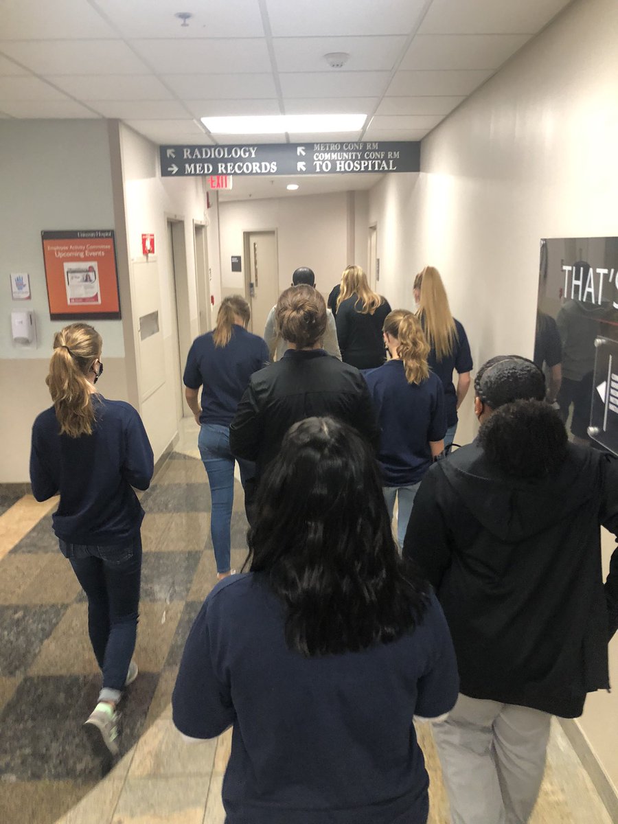MsFishback's tweet photo. Just sent these ladies off to shadowing at UofL hospital! So excited for the experiences they are going to get today in Radiology, oncology, and endoscopy! Thank you UofL Health for being a teaching institution! #PLTWClassroom #healthcare #LoveBLUELiveGOLD https://t.co/rPS5zfaWlG
