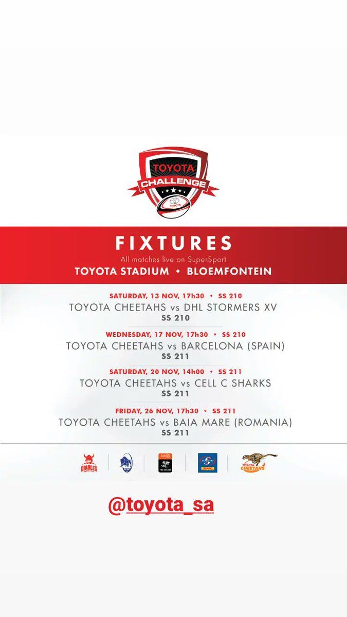 CheetahsRugby's tweet photo. Fixtures for the #ToyotaChallenge in November.
@ToyotaSA
#5teams #4games #R1million💥💥 https://t.co/RMeQjjZlrO