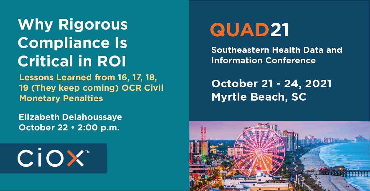 CioxHealth's tweet photo. Elizabeth Delahoussaye, RHIA, CHPS, will be presenting at QUAD21 today at 2pm! Join the conversation on "Why Rigorous Compliance Is Critical in ROI" #Ciox #QUAD21 #Compliance https://t.co/u4Xq3YoZgy