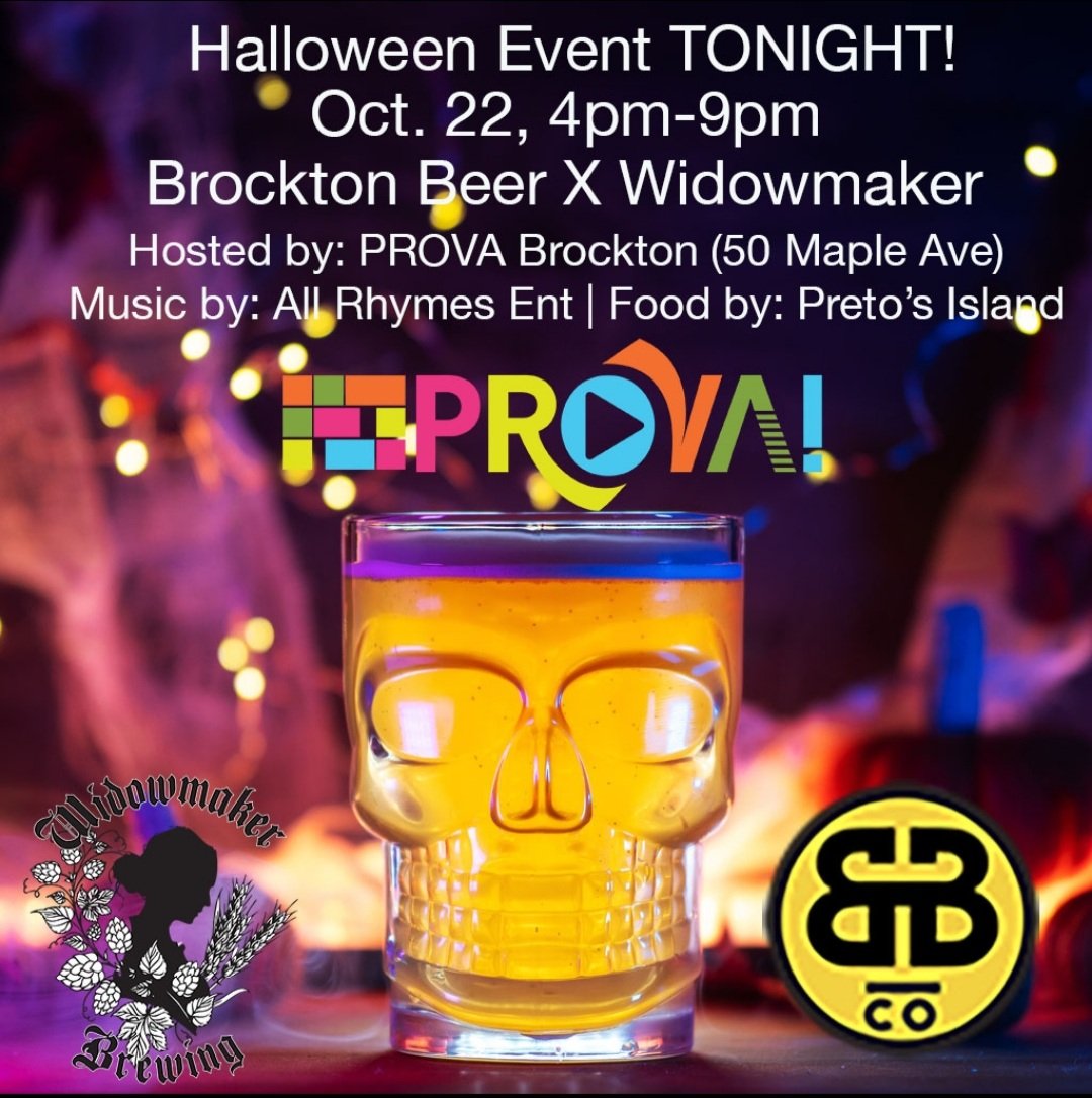 BrocktonBeer's tweet photo. Start your weekend w/ your friends from @brocktonbeer and @WidowmakerBrew tonight at our Halloween Event, hosted by @ProvaBrockton! We start at 4pm and go until 9pm!

Set your GPS to 50 Maple Ave... See you there 🙏🏿🍻😀 https://t.co/KLhC5G0GR3