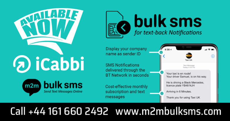 m2mbulksms's tweet photo. M2M Bulk SMS is now live on iCabbi so finally you can be guaranteed a service thats delivers text notification to your customers!!
@iCabbi customers follow the link to signup; https://t.co/95Ll2IG69m https://t.co/oScsoiQI2o
