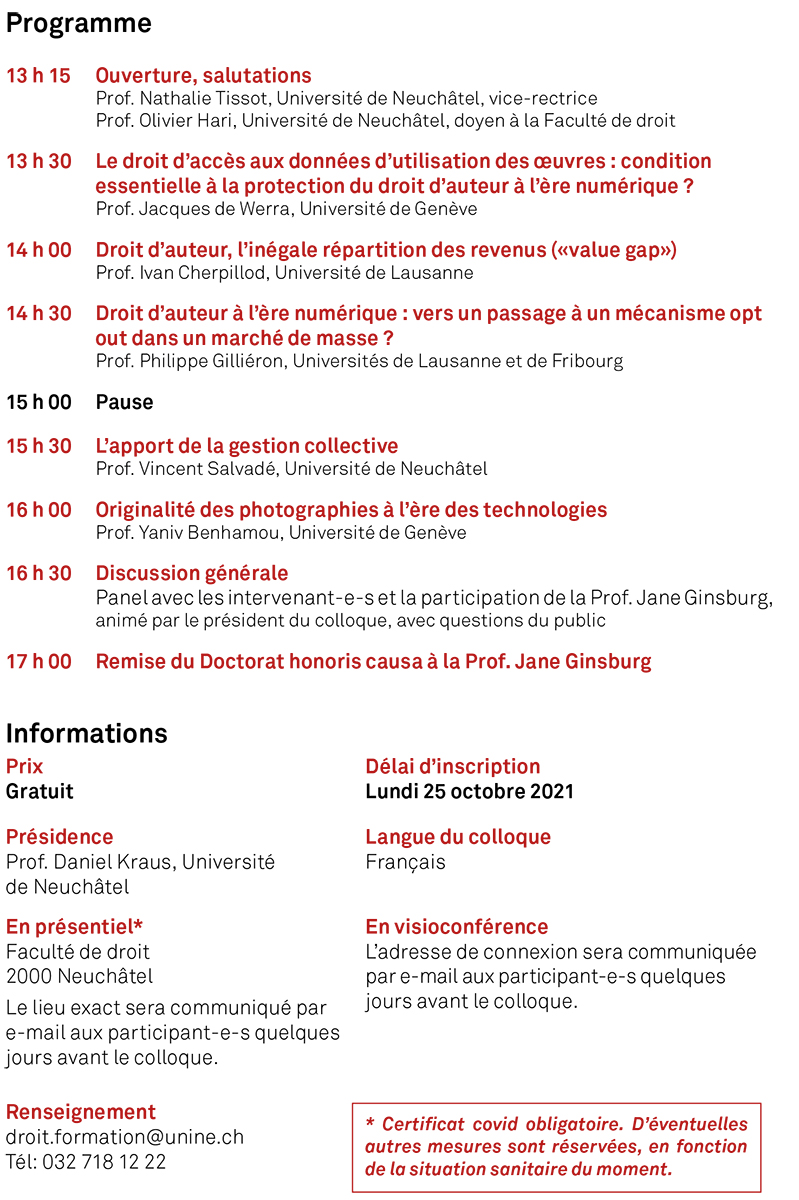 Pour la remise du titre de Docteure Honoris Causa 2020 à la professeure américaine Jane Ginsburg, <a href="/DroitNeuchatel/">Droit Uni Neuchâtel</a>  organise un colloque sur l’avenir du #droit d’#auteur  le 5.11, avec des professeur-e-s des unis romandes. Inscriptions jusqu’au 25.10.! bit.ly/3nj6fjd