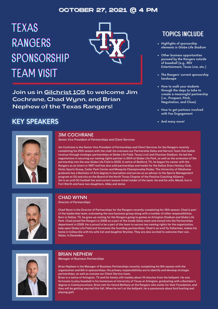 The Texas Rangers Sponsorship Team will be in Aggieland on Wednesday.  Join us in Gilchrist 105!