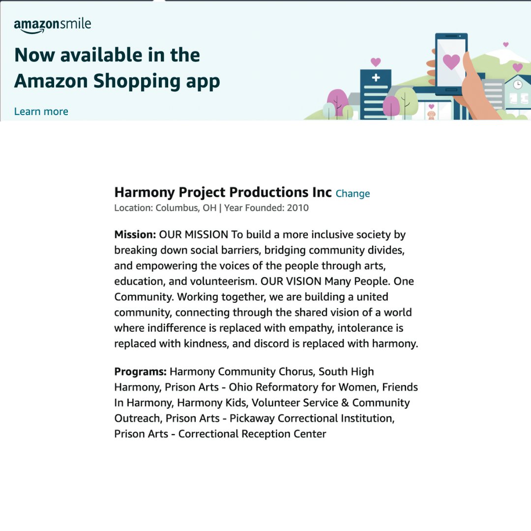 harmonycolumbus's tweet photo. Did you know you can make donations to Harmony, just through your regular shopping?! 

That's right! Shop through Amazon Smile, and make us your organization of choice. It's simple and doesn't take any additional money from you. 

#614 #AmazonSmile #Donations #ColumbusCommunity https://t.co/1pbtSApiGh