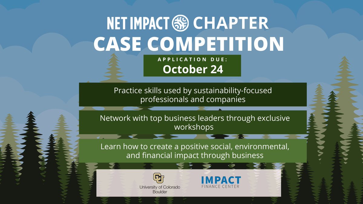 $10,000 and the opportunity to network with professionals from <a href="/Google/">Google</a>, <a href="/RobinhoodApp/">Robinhood</a>, and more!

Applications for the Net impact Case Competition by <a href="/leedsbiz/">Leeds School of Business</a> and <a href="/ImpactFinCtr/">Impact Finance Center (IFC)</a> are due on October 24!

Be a leader in #sustainability today: bit.ly/3m2LU1Y