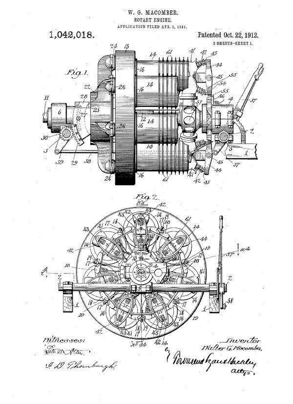 AdamMossoff's tweet image. On this date in #innovation history: Walter Macomber receives a #patent in 1912 for a follow-on #invention of his rotary engine. His 1st patent on "Macomber Rotary Engine" issued in 1909 for the 1st axial internal-combustion engine; it was used in airplanes. #PatentsMatter @uspto