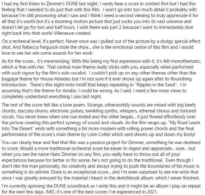 cinsoundradio's tweet photo. I saw #DuneMovie last night. Here are some words I wrote about my experience with the film and score. https://t.co/yfIijiEPKU