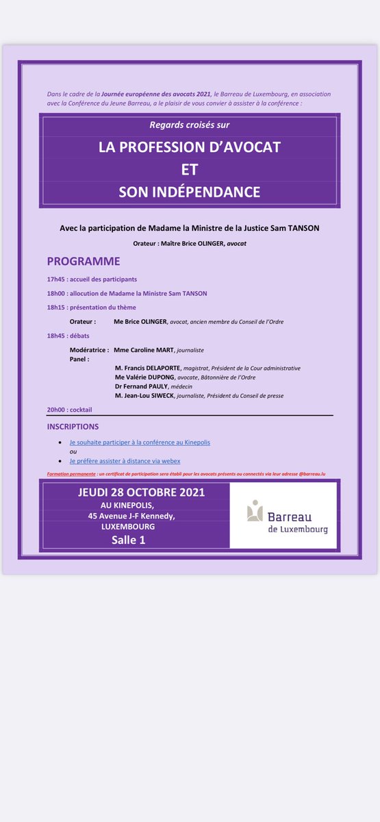 Venez discuter avec le barreau de Luxembourg de l’importance de l’indépendance des avocats dans un Etat de Droit le 28 octobre prochain au Kinepolis. Inscrivez-vous sur barreau.lu