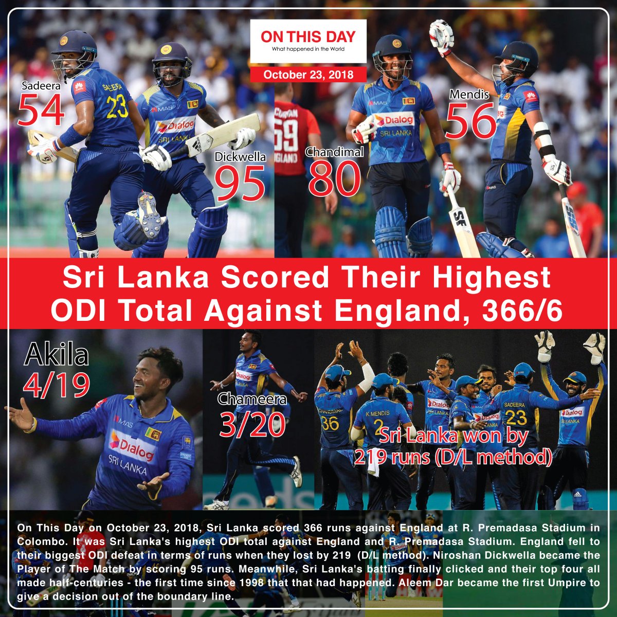 OnThisDayInWor1's tweet photo. #OnThisDay 2018, Sri Lanka scored their Highest ODI Total against England, 366/6
Aleem Dar became the first Umpire to give a decision out of the boundary line.
@NiroshanDikka @chandi_17 @KusalMendis13 @akilad04 @DushmanthaDC05
#october23 #historytoday #in2018 #slvseng https://t.co/ZPW5mwPKXX