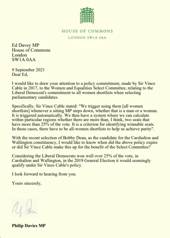 EdwardJDavey's tweet photo. Surprised that @philipdaviesuk is taking such an interest in the @LibDems' commitment to an equal parliament.

Perhaps he has decided to turn his back on his sexist views, or perhaps he has a different motive. https://t.co/bBf11NteV2