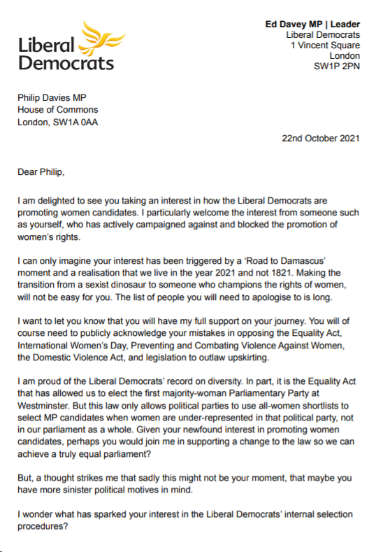 EdwardJDavey's tweet photo. Surprised that @philipdaviesuk is taking such an interest in the @LibDems' commitment to an equal parliament.

Perhaps he has decided to turn his back on his sexist views, or perhaps he has a different motive. https://t.co/bBf11NteV2