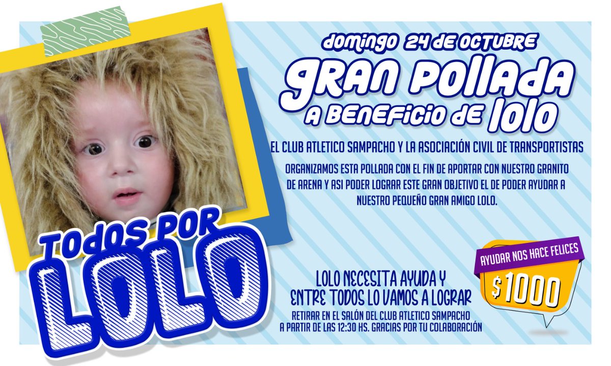 Ayudanos a ayudar #TodosporLolo 
Quedan muy poquitos pollos, encargalos a cualquier miembro de la comisión. Entre todos podemos colaborar para que nuestro guerrero pueda gozar de la salúd que se merece.