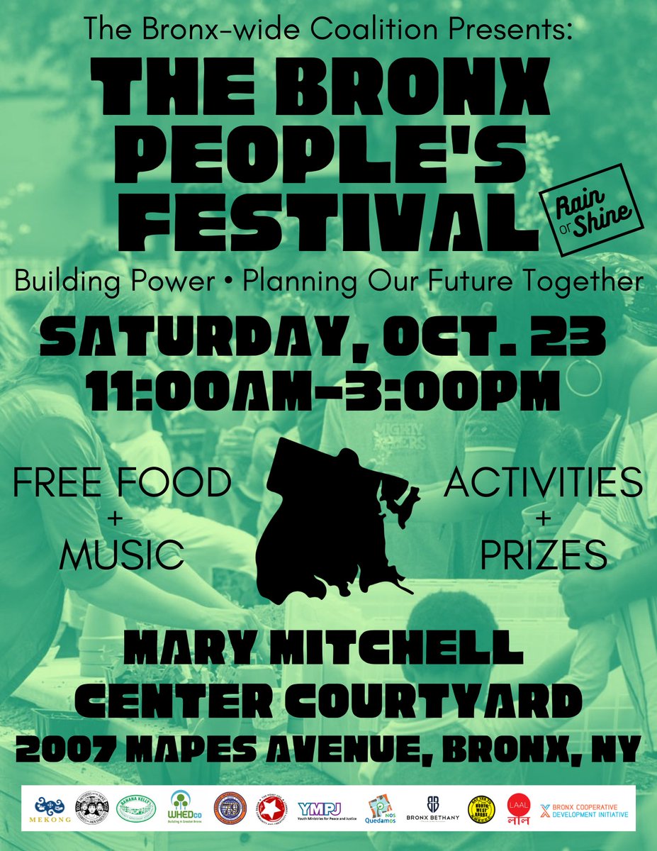 bronxchange's tweet photo. Join the Bx-wide Coalition on Oct 23 @ 11am @ the Mary Mitchell Center for the #BronxPeoplesFestival! We are continuing our work of building power + co-creating the future of the BX--for us, by us! We'll plan, learn, heal, and celebrate thru activities, food, music + prizes! https://t.co/XsYu0uQeE4