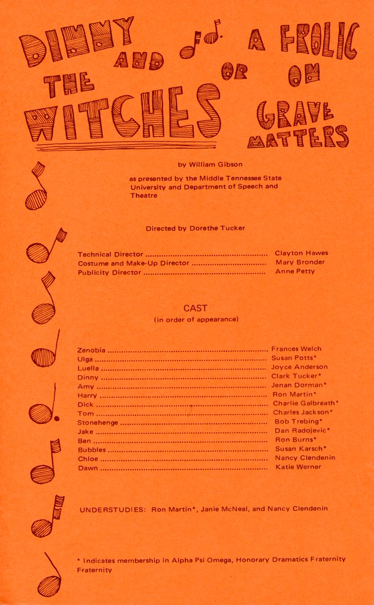 MTSUGoreCenter's tweet photo. #FreakyFriday: Our grad assistant Rian is scanning all of our MTSU Theatre programs from performances dating back to the 1960s, and there are some spooky gems, like this one from Dinny and the Witches (1966). 🔮 
#HappyHalloween #TrueBoo #MTSU https://t.co/9NpbF8nZHY