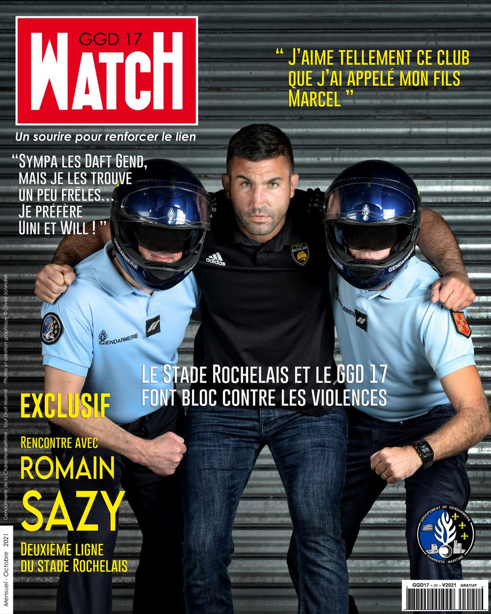 Les 🟡⚫ à l'honneur dans le GGD 17 Watch n°5.
Elle a de la gueule cette première ligne non ? 🤪 L'emblématique @RomainSazy et les sympathiques #DaftGend. 
Bref, le GGD 17 à fond derrière le <a href="/StadeRochelais/">Stade Rochelais</a>, toujours unis contre les violences.

#SRRCT #FievreSR