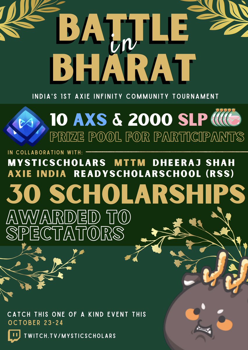 allukamazing's tweet photo. ⚔️ Battle in Bharat ⚔️

📣 Co-hosted by @mystic_scholars and @dheerajshah 

🎓 30 Scholarships given away to spectators

⏰ 9:00PM PHT Oct 23 &amp; 24 https://t.co/bBpzvc7OKG