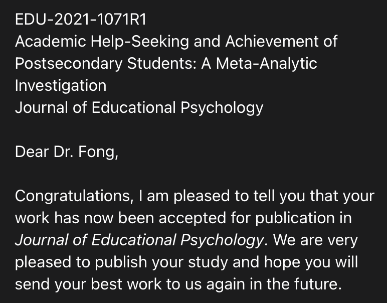 carlton_fong's tweet photo. AHHHH! Not just one but TWO acceptances this morning from Journal of Educational Psychology &amp; @JDHEtweets! 🔥 Super stoked about these papers &amp; grateful to @DevEdTxSt coauthors @cassygonz1111 @ht_cox @HAShinn @DrMHoff @IndigeNerd1491 @JawnSegovia #SamOwens 👏🏼 #HappyFriday https://t.co/O7SbXqntj3