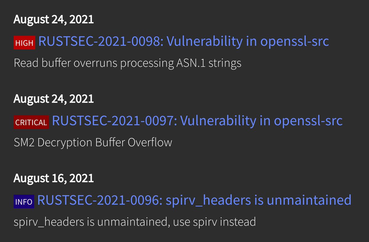 RustSec's tweet image. The rustsec.org web site now features severity information for each security advisory