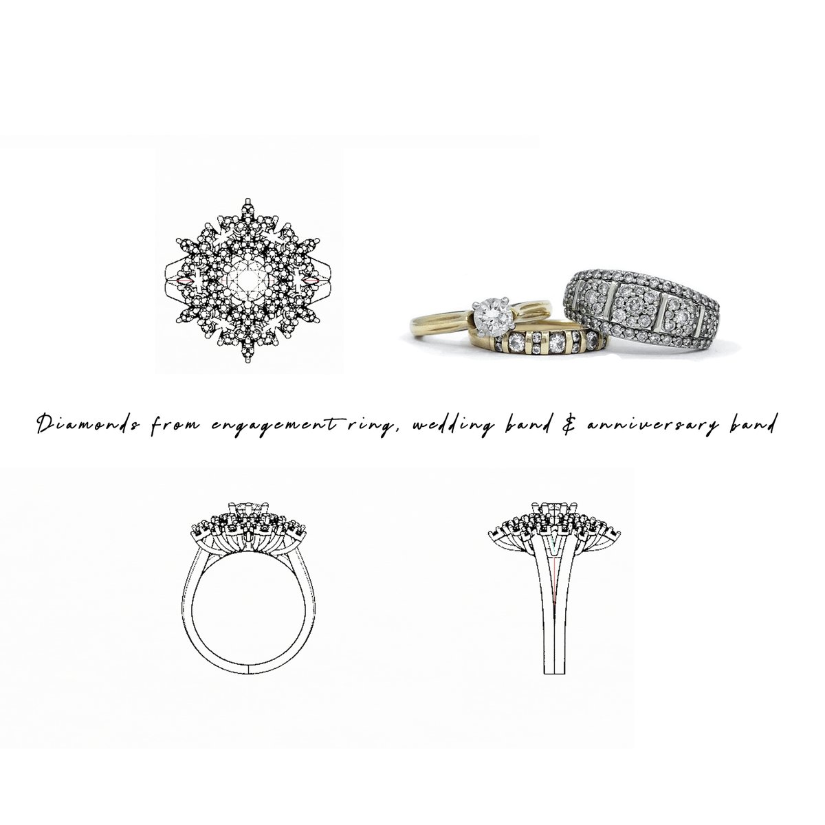 No two snowflakes are alike.  Unique, just like this stunning redesign using her engagement ring, wedding band and anniversary ring to celebrate their 10th Anniversary.  Let us tell YOUR story.

#designsatdanas #customdesign #customjewellery