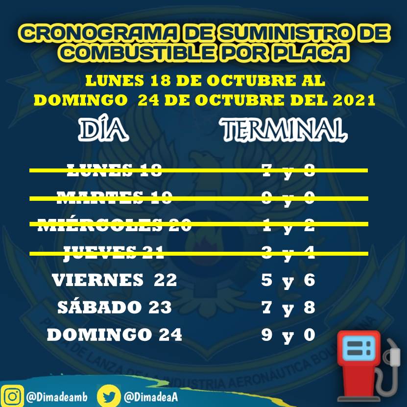 DimadeaA's tweet photo. #22OCT || La #DimadeaAMB te presenta el Cronograma de Suministro de #Combustible ⛽ por placa desde el Lunes 18 de Octubre al Domingo 24 de Octubre de 2021.
#AsiPaso
#DimadeaAMB
#VacúnateEvitaElContagio https://t.co/VTjbi39sFa