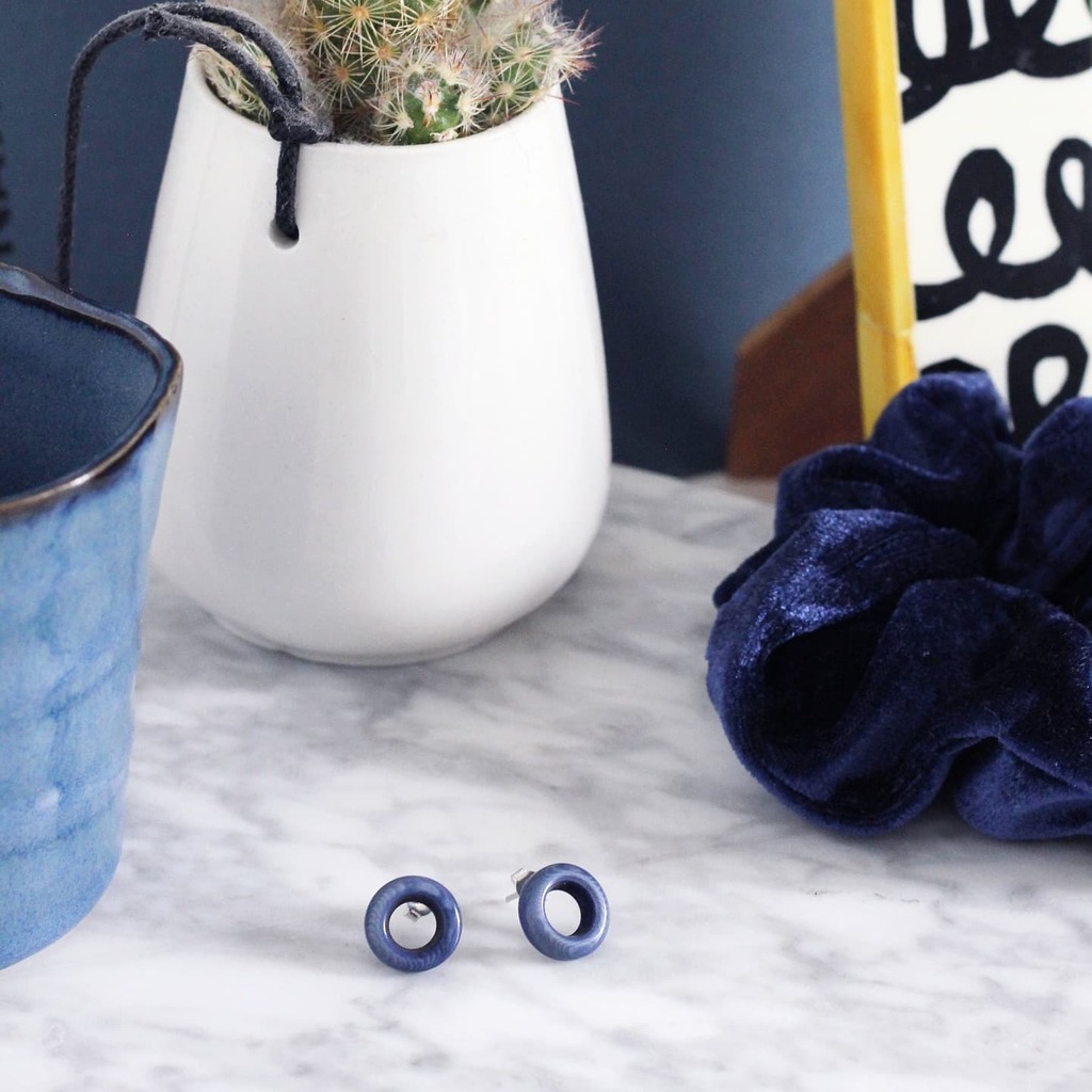 These Deep Blue Small Circle Studs are made from tagua that has been dyed and hand-carved by Magdalena of the MYA Project in Quito, Ecuador and fixed to a sterling silver ear post by Amy and Rachel from the fabulous Just Trade workshop in Peckham, London… instagr.am/p/CVVa98yMnr1/