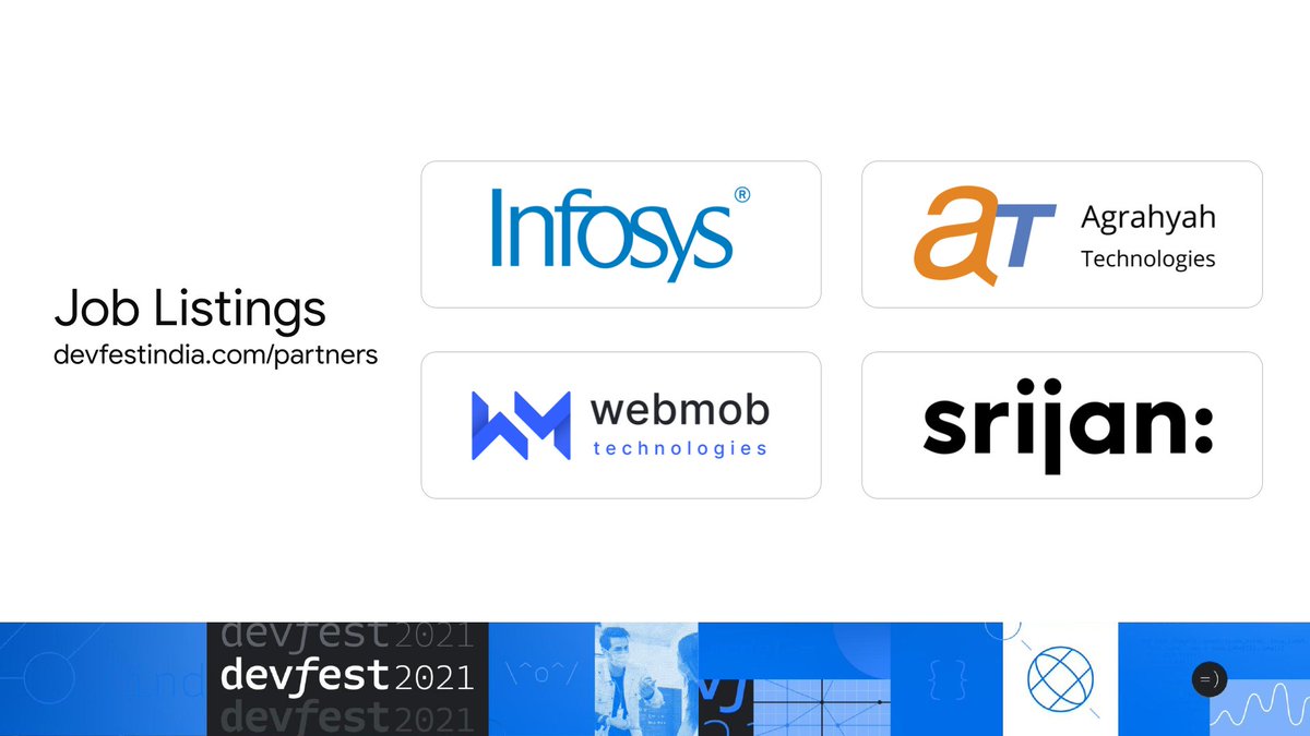 GDGIndia's tweet image. 📢Job Listing Announcement (1/n):

Hop on to devfestindia.com/partners to apply for the job openings by these companies and get a chance to upskill yourself this #DevFest.

#DevFestIndia #LetsGrowTogether