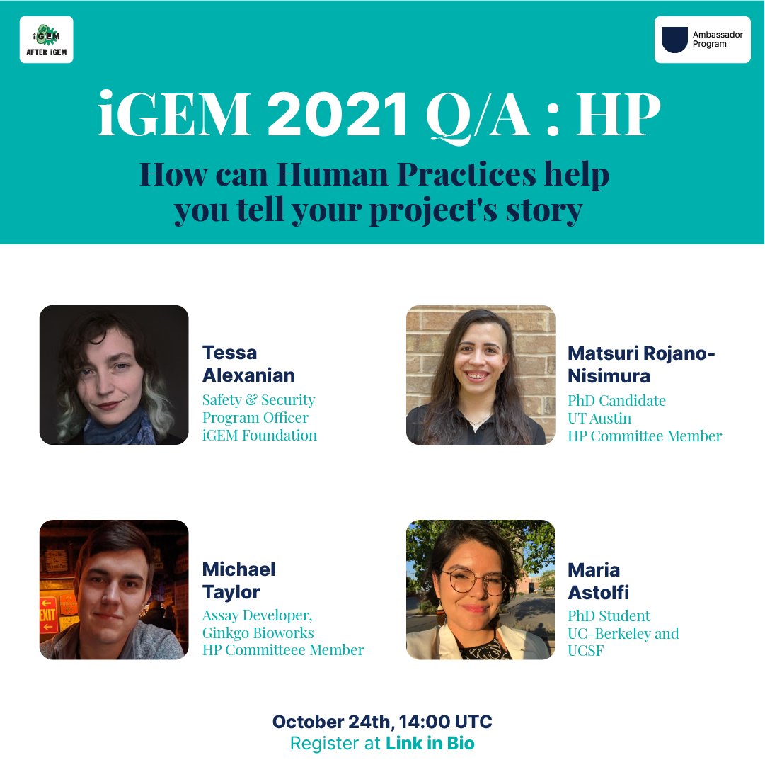 iGEMCommunity's tweet photo. #iGEM2021 Teams!

Join the Human Practices Q&amp;A Meetup on October 24 to meet our special guests: members of the Human Practices Committee, and Judges. Ask your questions, listen to their iGEM stories and experiences, and get tips.

Register here:
https://t.co/CSnKkbwjGo
#AfteriGEM https://t.co/7dqJIuPT7E