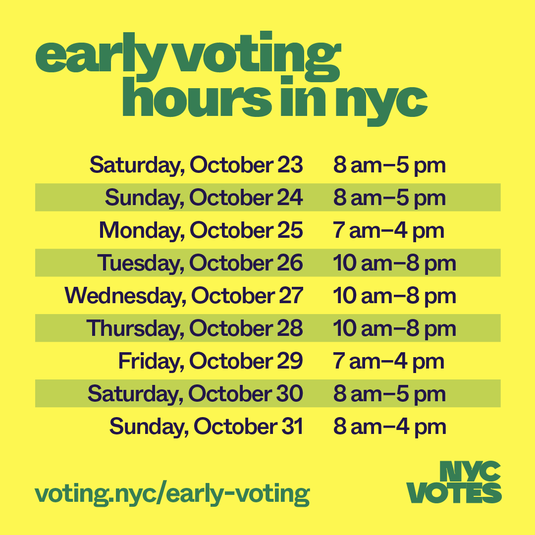 nycpa's tweet photo. Early voting begins TOMORROW!
Starting Saturday, October 23 at 8 AM, voters can head to the polls and vote early in-person until Sunday, October 31. Check your #EarlyVoting poll site, which may differ from your Election Day site via @NYCVotes: https://t.co/w4pBSMZpU9 #RepTheVote https://t.co/qsno5TE7Pm