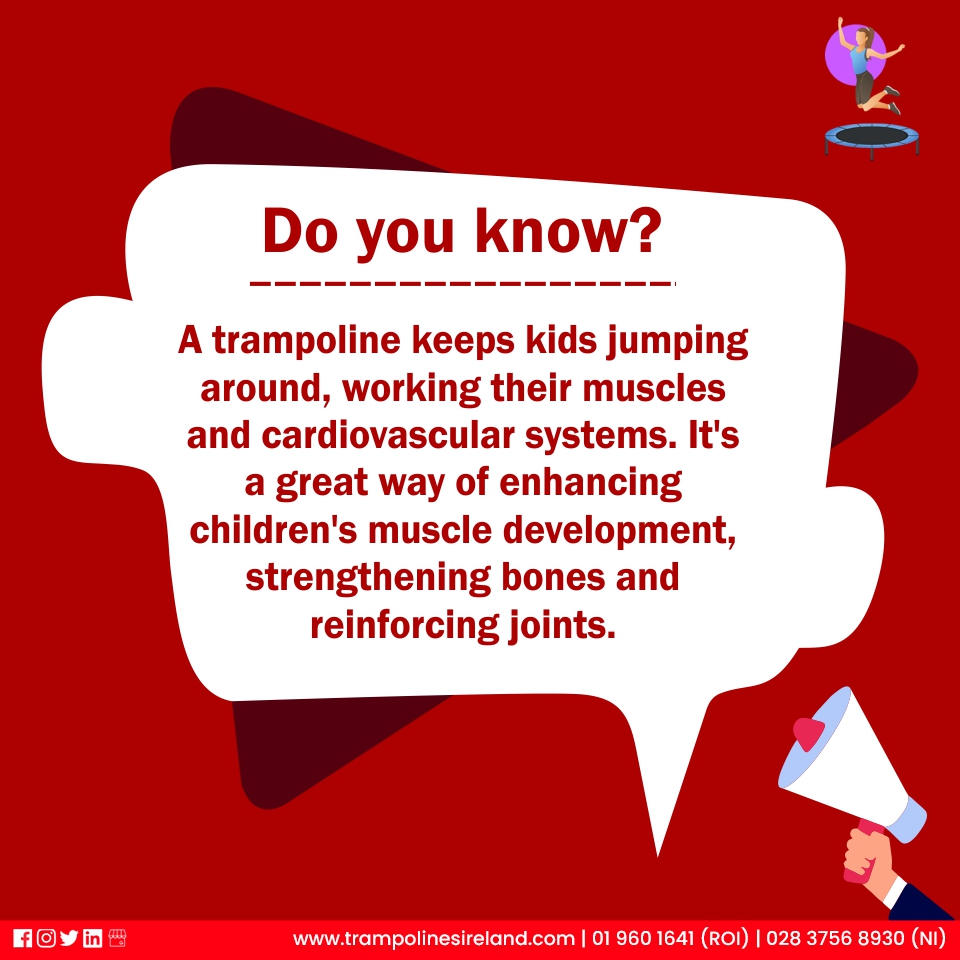 TrampolinesIre's tweet photo. A trampoline keeps kids jumping around, working their muscles and cardiovascular systems. It's a great way of enhancing children's muscle development, strengthening bones and reinforcing joints.

#doyouknow #thingstoknow #training #trampolinefun #TrampolineIreland https://t.co/OhAY06KdqC