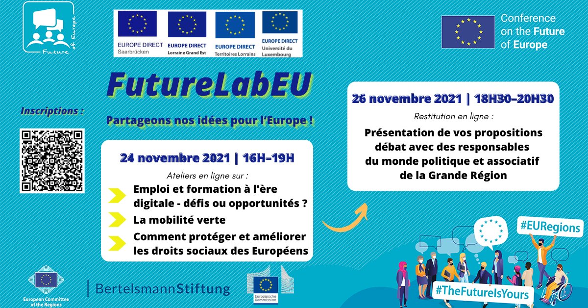 EuropeNancy's tweet photo. 📢 #FutureLabEU 🇫🇷 🇩🇪 🇱🇺
Les 24 et 26/11, venez échanger avec d’autres jeunes de Lorraine, de Sarre et du Luxembourg pour construire l’Europe numérique, durable et sociale de demain ! 🇪🇺
Infos et inscrip.👉 https://t.co/l1AMl8DsOE
#TheFutureIsYours #EURegions https://t.co/BjAWEXuEWR