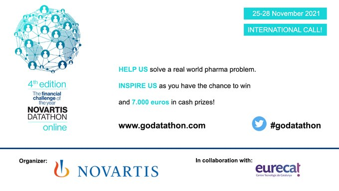 Eurecat_events's tweet photo. The #finantial #challenge of the year is here! Join in the #godatathon of @NovartisSpain to solve a real-world pharma problem and win 7.000€ in cash
25-28th November 🧑💻
+ info and registration https://t.co/tMdxezx4sr https://t.co/F6fRX4NVS2