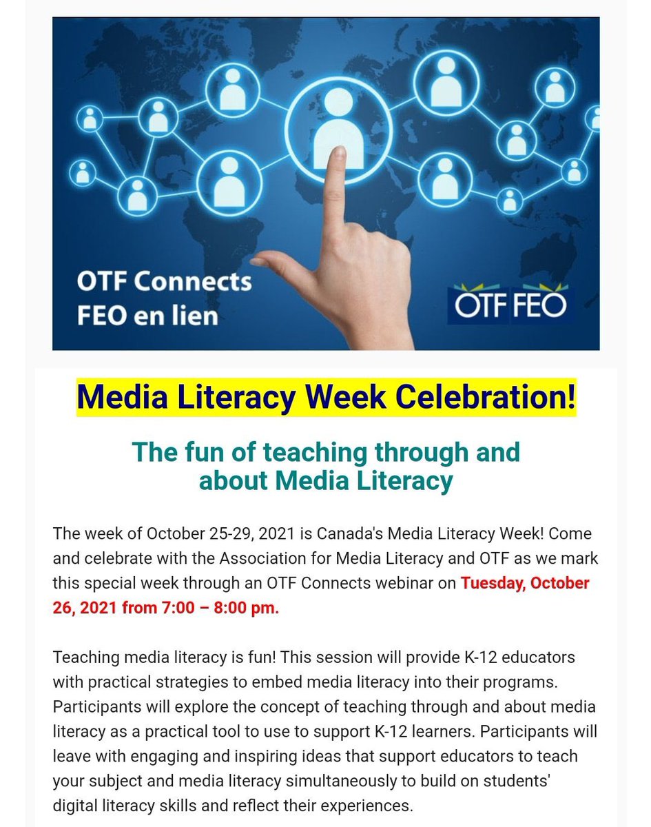 Thanks <a href="/otf_pd/">OTF Professional Dev</a> for hosting 
<a href="/A_M_L_/">Media Literacy Asoc4</a>’s Media Literacy Week celebration w/ a webinar The Fun Of Teaching Through &amp; About Media Lit- Oct 26, 7-8pm. K-12 educators  learn w/ <a href="/mediasee/">Neil Andersen</a> &amp; @ccatwell to integrate media literacy across the curriculum. Register bit.ly/3AZxcgs