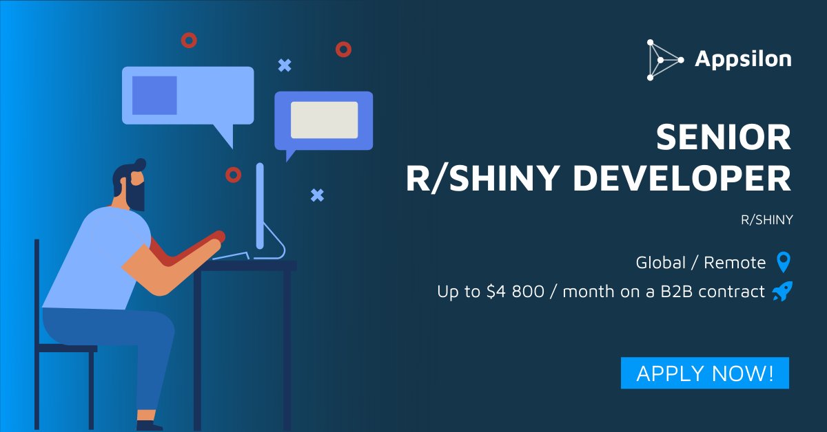 appsilon's tweet photo. 🚀Demand for #datascience solutions in R/Shiny is growing fast. That's why we're looking for a Senior R/Shiny Developer to join our team! Embark on this new journey with us and become a part of something truly special 👉https://t.co/yuTIPB3xTC
#rstats #rstatsjobs #datasciencejobs https://t.co/7t1gDW5OMI