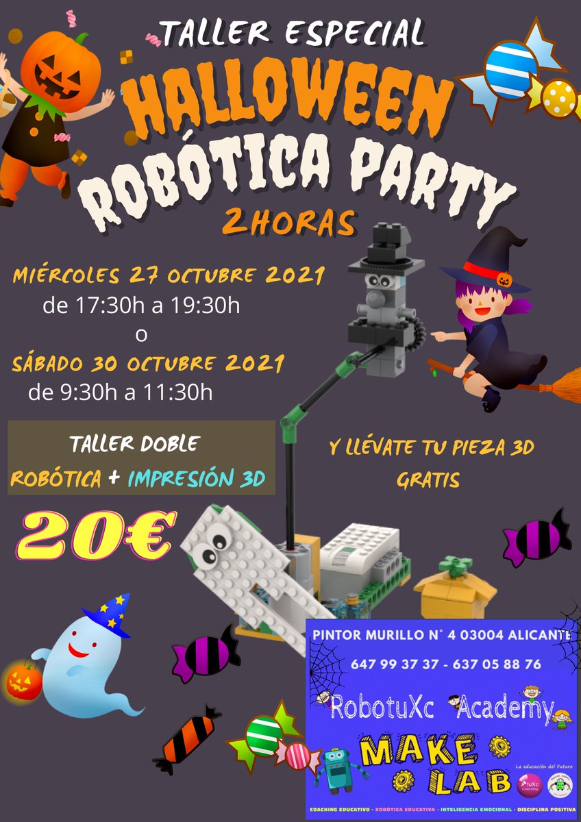 En @RobotuXcAcademy TALLER ESPECIAL"HALLOWEEN ROBÓTICA PARTY". Un taller de 2 h realizaremos construcciones robóticas y diseñaremos e imprimiremos en 3D nuestro llavero Halloween. Miércoles  27 de Octubre 2021 de 17:30h a 19:30h o el Sábado 30 de Octubre 2021 de 9:30h a 11:30h