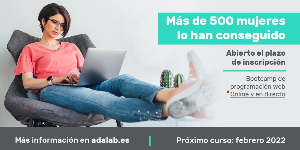 Adalab_Digital's tweet photo. 🚨 Cerramos el proceso de selección para la próxima #PromoO y abrimos YA la convocatoria para la #PromoP.
⏱ Realiza las pruebas de acceso antes del 7 feb 2022 y reserva tu plaza antes de que se agoten.
📌 Infórmate en https://t.co/pWbIAQw4zp
🚀 Reprograma tu futuro con #Adalab. https://t.co/SzunnDqBV6