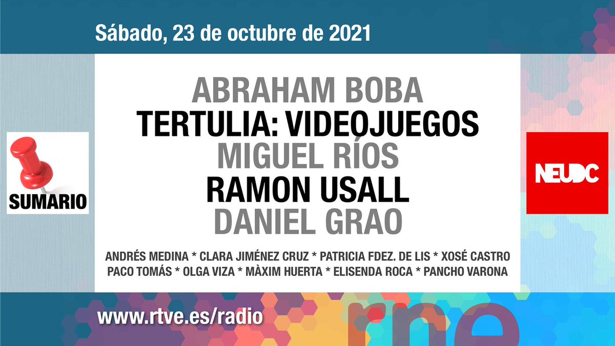 NEUDC_RNE's tweet photo. Mañana SÁBADO, 23/10/21
Además de nuestros colaboradores...
INVITADOS | 👥
#AbrahamBoba 🖊🎤 (@LEONBENAVENTE)
@RamadaPrieto 🎮
@Malphilian 🎮
@SeraPhiim_ 🎮
@mrios 🎸
#RamonUsall ⚽
@DanielGrao7 📺 https://t.co/pAiZbkQ8Pi