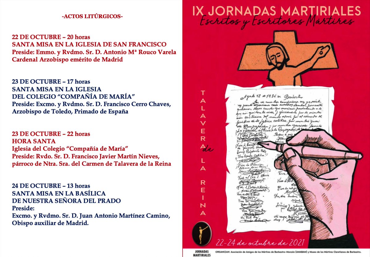 El <a href="/Obispofcerro/">✙ Francisco Cerro Chaves</a> preside la #SantaMisa a las 17:00 h, en la Iglesia de la #CompañiadeMaría de Talavera con motivo de las IX Jornadas Martiriales