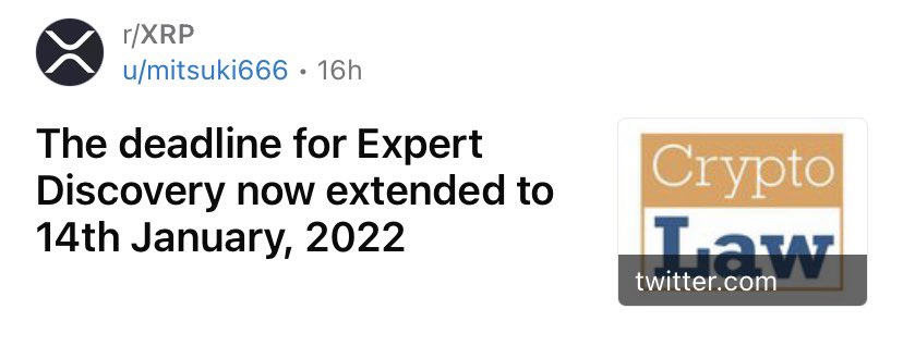 <a href="/Ripple/">Ripple</a> <a href="/Ripple_XRP1/">XRP Official ⚡️</a> #sec sorry to disappoint you guys😞
ممکن هست اکسپرت دیسکاوری و دادگاه ریپل تا ۱۴ ژانویه ۲۰۲۲ طول بکشه، ممکن هست ، اگر دادگاه در ۱۲ نوامبر به گفته ی جیمز فیلان اتورنی ریپل به نتیجه برسند ، تا ان زمان ادامه نخواهد داشت
نه ستلمنت ولی طوفانی دو ماهه برای ریپل...